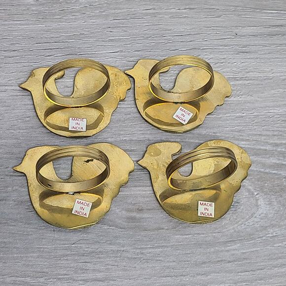 Vintage Set Of 4 Brass Black Red Enamel Rooster Napkin Ring Holders India - Picture 4 of 5